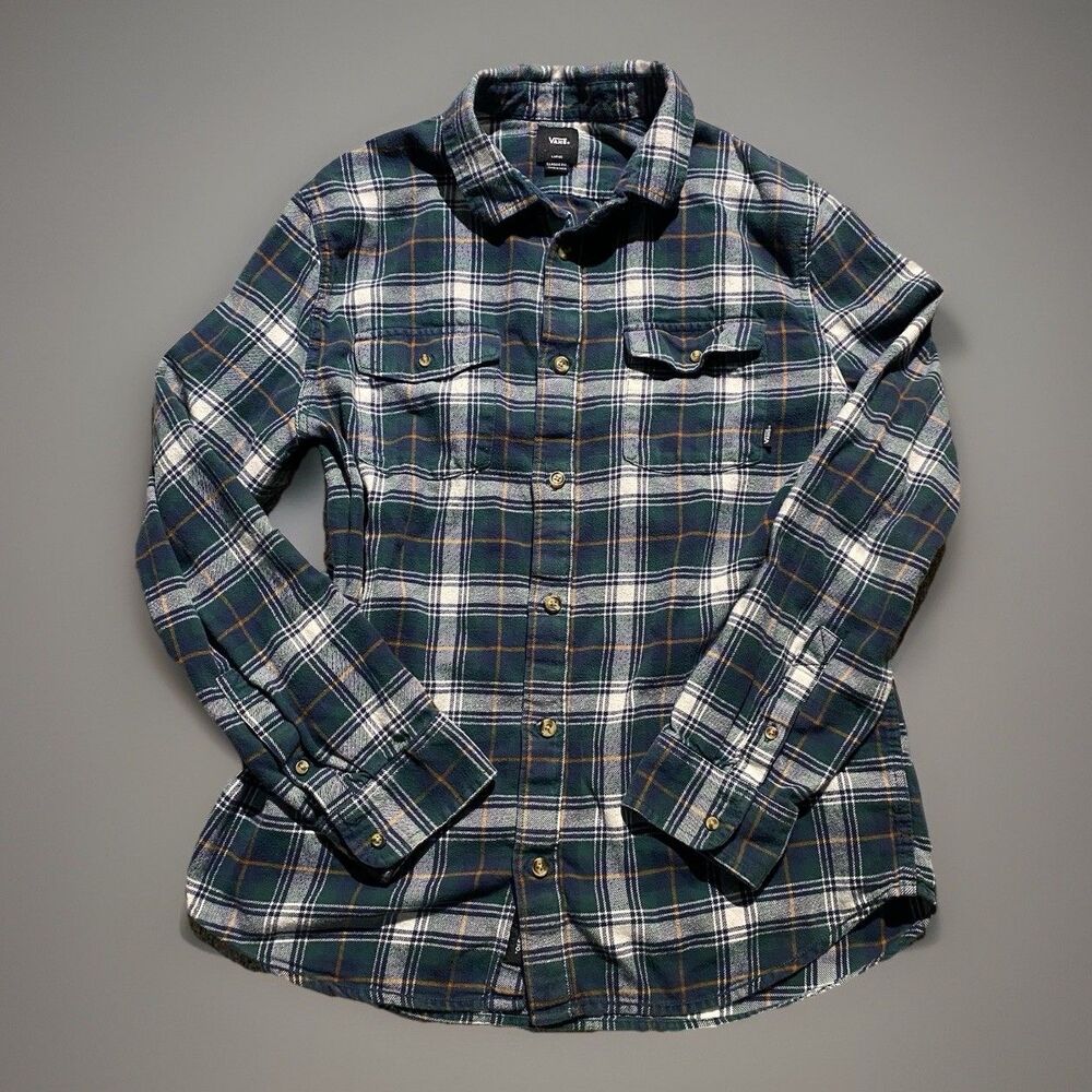 Vans Off The Wall Plaid Flannel Shirt Mens Large Green Classic Fit